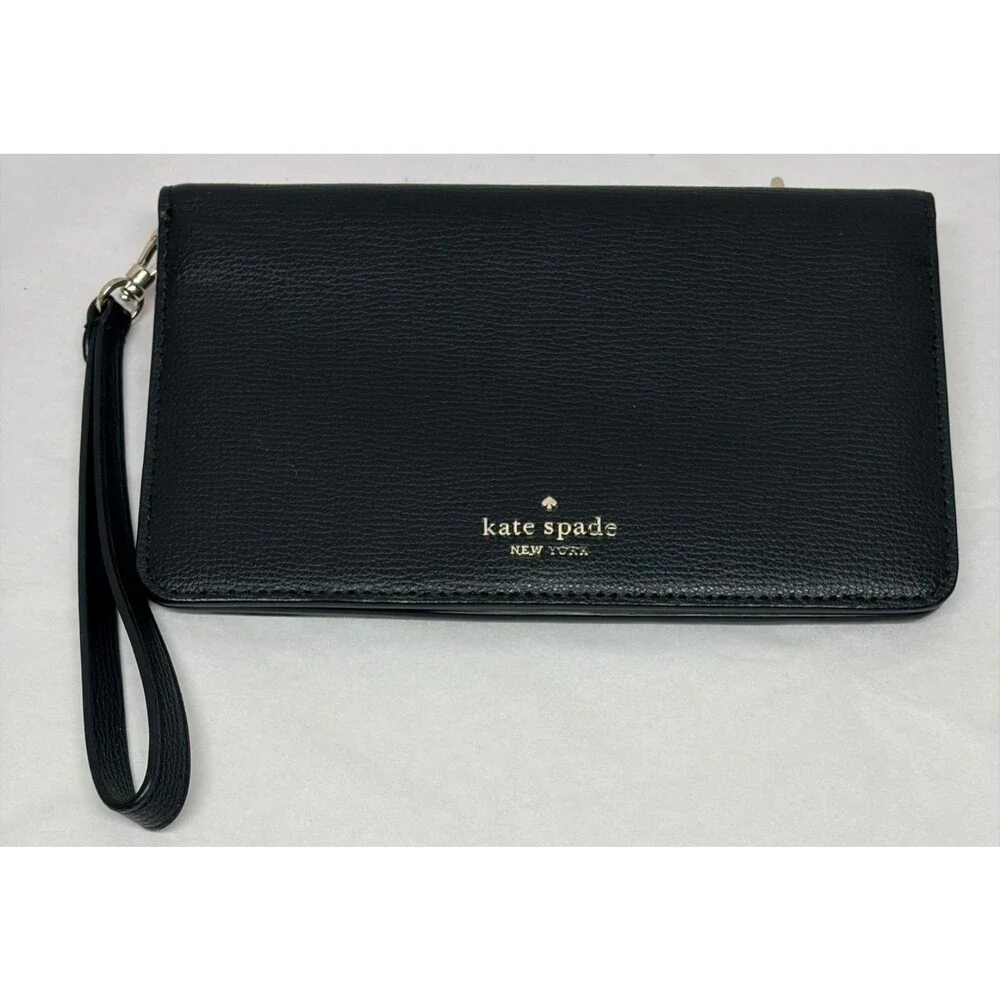 Kate Spade Large Slim Bifold Wallet Check Book Wristlet Pebbled Leather Black